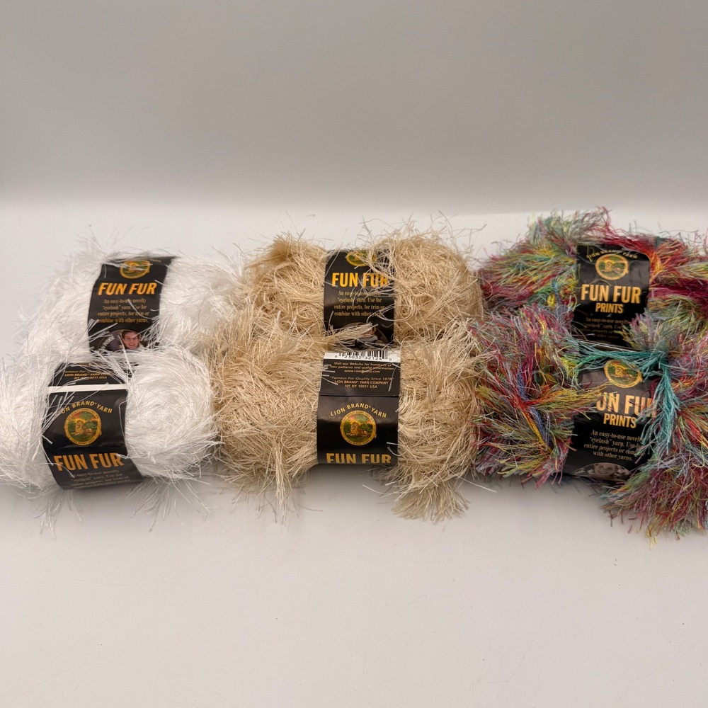 Lion Brand Fun Fur Eyelash Yarn Bundle 6 Skeins White Champagne Rainbow Prints